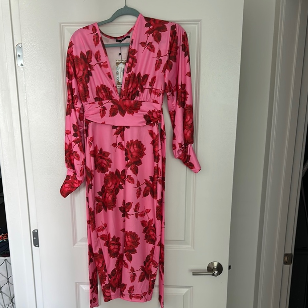 Boohoo Pink Dress with Red Floral Design
